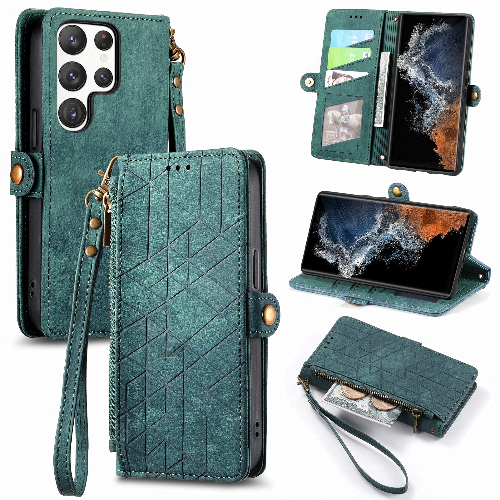 Zipper Pocket Phone Case for Samsung Galaxy S23 Ultra PU Leather Geometry Imprinted Wallet Stand Cover Zipper Pocket Phone Case for Samsung Galaxy S23 Ultra PU Leather Geometry Imprinted Wallet Stand Cover